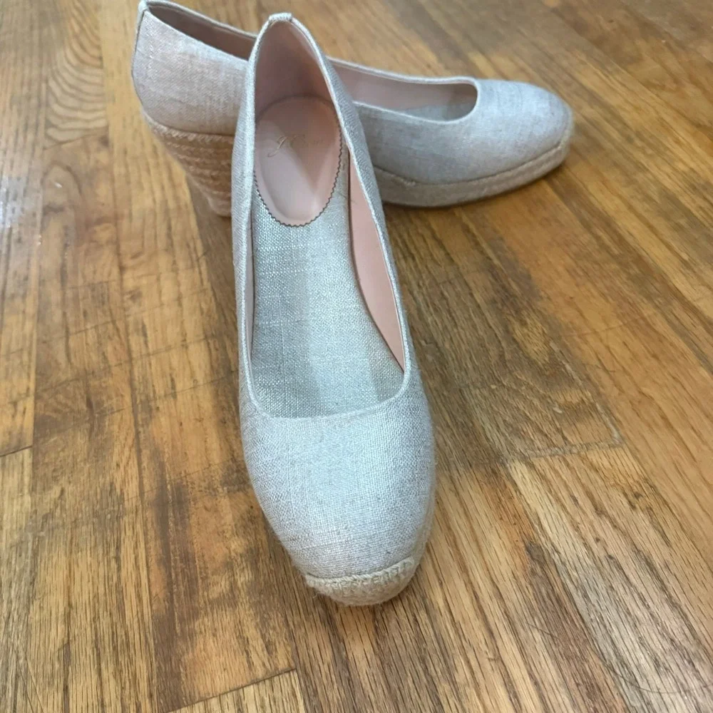 J. Crew Seville Espadrille Wedge Heels Linen Flax Canvas Beige Slip On Size 10